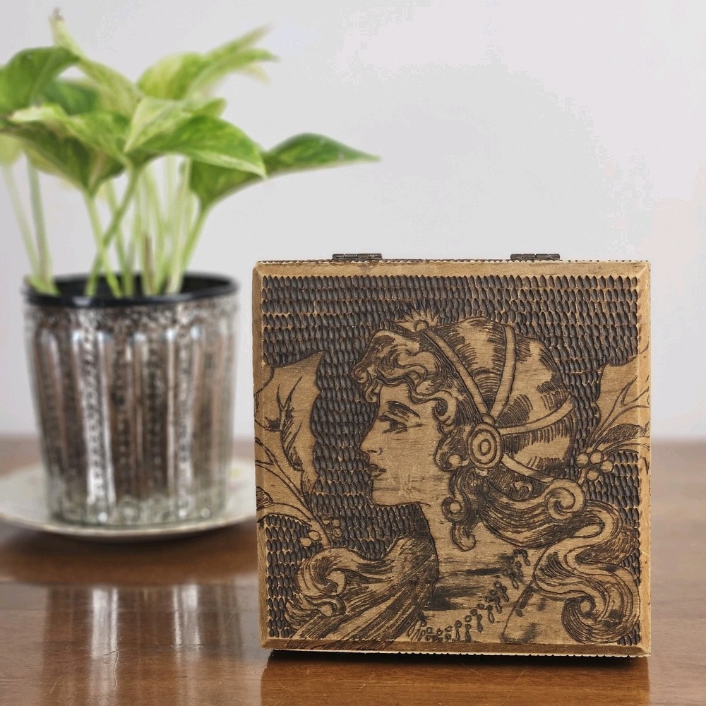 Vtg Handmade Wooden Box Flemish Style Pyrography Renaissance Lady Folk Art 6x6